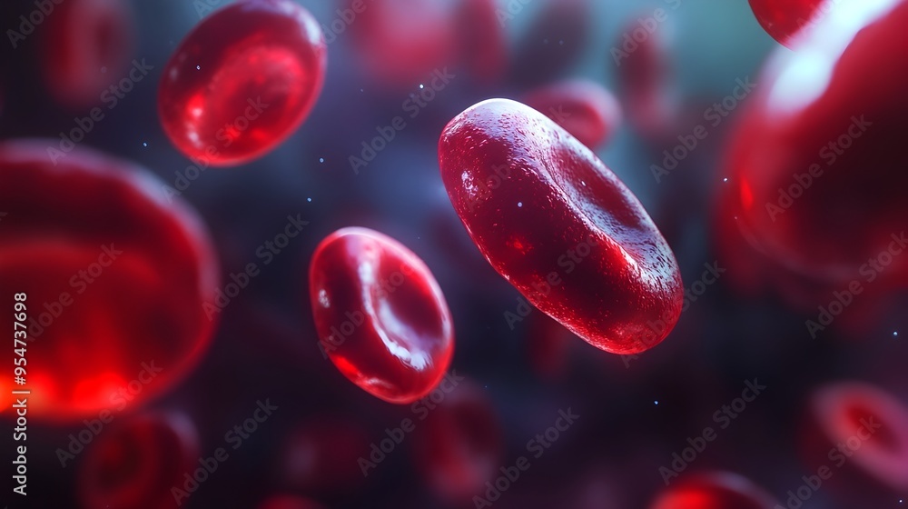 Poster a close up macro photograph showcasing the vibrant red color and unique biconcave shape of red blood