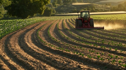 Fototapeta premium Tractor plowing a vast farmland with lush green fields in the background during a sunny day, highlighting agricultural machinery in use.