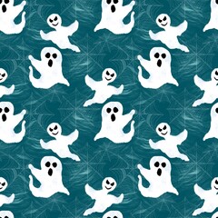 Seamless pattern. Festive Halloween print with ghosts and cobwebs.