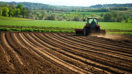 Fototapeta premium Tractor plowing a vast, freshly tilled field on a sunny day, with lush green hills in the background, showcasing agricultural activity in the countryside.