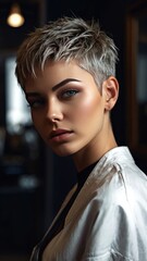 Hair Salon Female Model. Studio Portrait. Professional Hair Cut