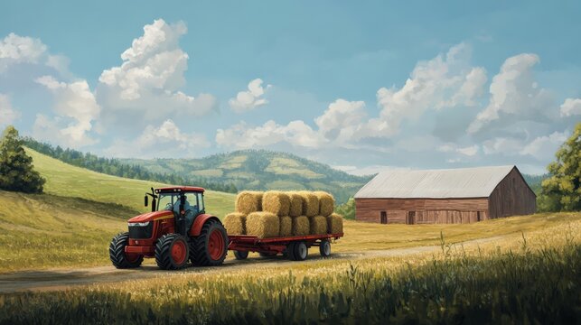 Tractor pulling hay bales on a sunny day, with a barn and rolling hills in the background. Serene rural farm scene, ideal for agricultural imagery.