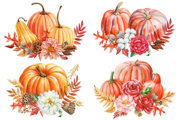 orange pumpkin, flowers, leaves on isolated white background, autumn poster, cards, watercolor illustration hand drawing