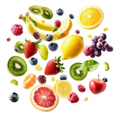 Flying different fresh fruits in air on white background. Falling fruits mix multifruit