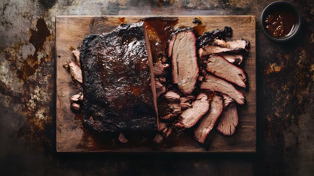 A close-up of a sliced smoked brisket on a wooden cutting board.