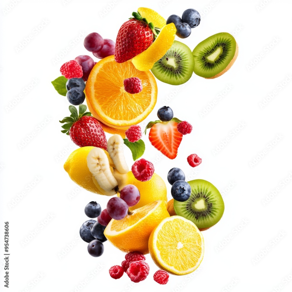 Wall mural Flying different fresh fruits in air on white background. Falling fruits mix multifruit