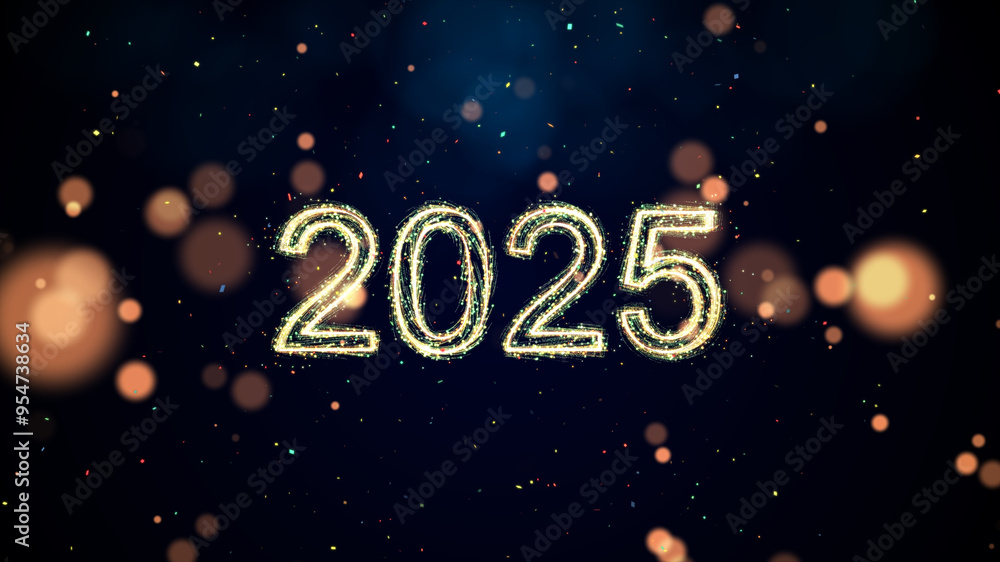 Poster Happy New Year 2025 celebration concept Sparkling Bokeh particle confetti on dark background.