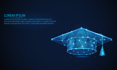 futuristic Abstract polygonal Graduation cap.Low poly wireframe Education hat
 vector illustration on technology blue background. success, knowledge, Education, and learning concepts.