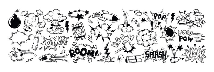 Set of black comic book sound blast, cartoon bomb explosions, crash or bang effect. Doodle hand drawn speech bubbles with pow, splash, bam, wow, omg words. Smoke exclamation elements, dynamite explode