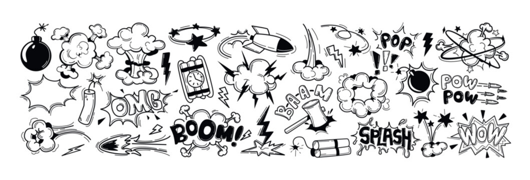 Set of black comic book sound blast, cartoon bomb explosions, crash or bang effect. Doodle hand drawn speech bubbles with pow, splash, bam, wow, omg words. Smoke exclamation elements, dynamite explode