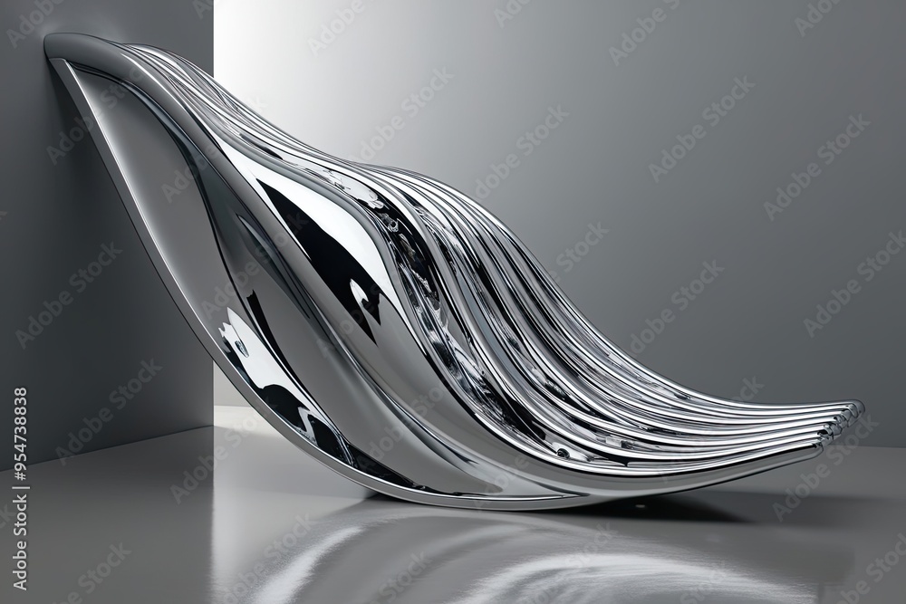 Poster modern 3d flowing wave in reflective chrome with glossy metallic design