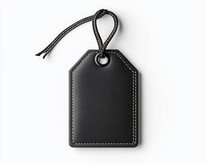 A stylish black leather tag with stitched details and a loop for hanging, perfect for branding and personalized gifts.