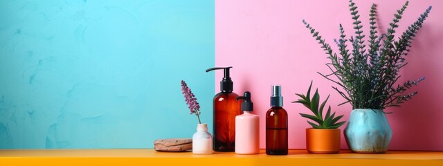 Minimalist skincare products with pastel background