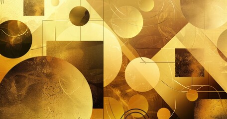 A vibrant abstract composition featuring geometric shapes in gold and black tones, creating a dynamic visual experience.