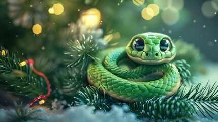 Green little snake is sitting by the Christmas tree, in the style of iconic pop culture caricatures, cute and dreamy