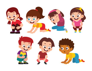 Fototapeta premium Set of cute little crouching kids cartoon characters with various gesture, Preschool boys and girls squatting and crawling, crouching protecting head with hand. Flat vector illustration.
