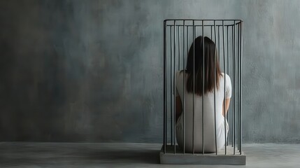 A somber scene of a woman sitting alone in a small cage against a dark, textured background, symbolizing feelings of entrapment, isolation, and despair