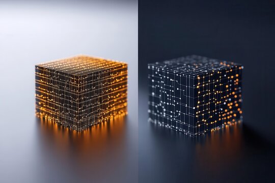 Two interconnected cubes, one illuminated in warm tones and the other in cool tones, represent the complex and contrasting nature of digital networks and the flow of information