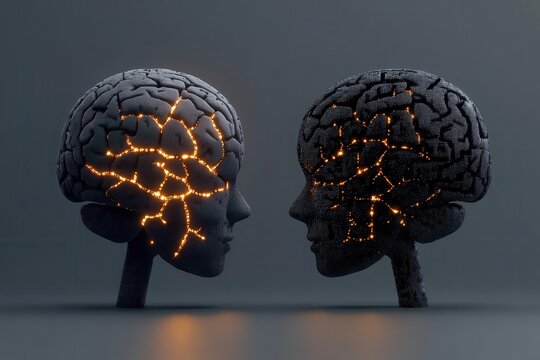 Two abstract human heads with illuminated brain networks facing each other, symbolizing the intricate connections, communication, and collaboration between artificial intelligence and human intellect