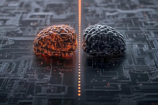A conceptual image depicting a glowing digital brain facing a darker, organic-like brain, symbolizing the intersection and contrast between artificial intelligence and human cognition