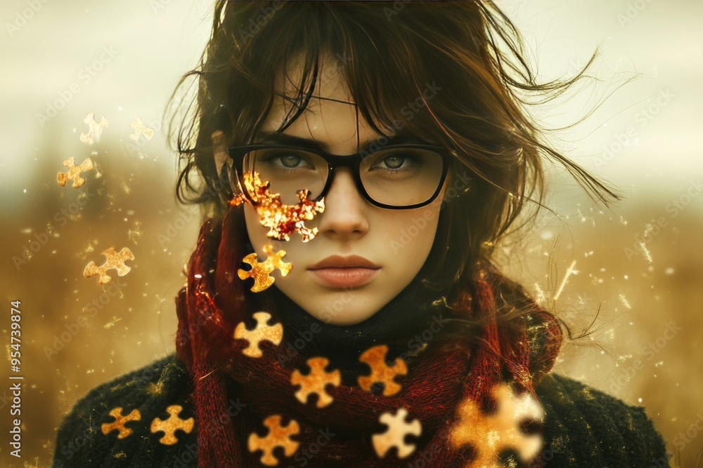 Poster functional mri memory woman with a pensive expression surrounded by falling puzzle pieces illustrati