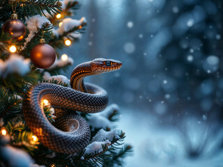 Fototapeta premium Elegant and charming snake symbol of the year on decorative Christmas background . Generative AI