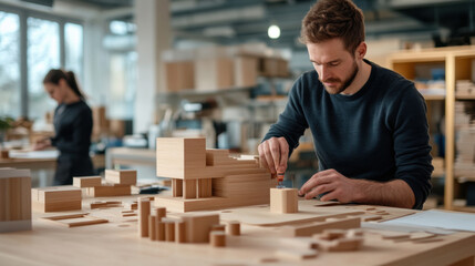 An architect meticulously crafting a wooden model in a design studio, showcasing precision and creativity in architectural design.