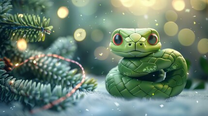 Green little snake is sitting by the Christmas tree, in the style of iconic pop culture caricatures, cute and dreamy