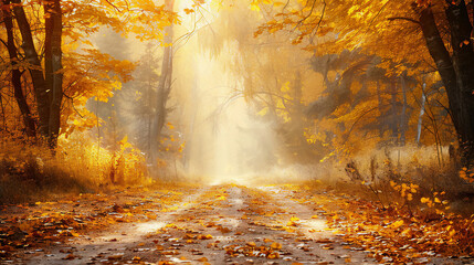 autumn forest path background  in the morning