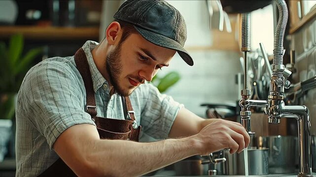 Young plumber in uniform repairing pipes in a modern kitchen setting. Home repair services
