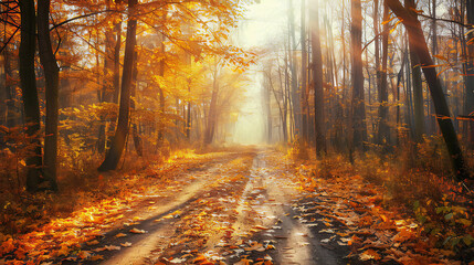Obraz premium autumn forest path background in the morning