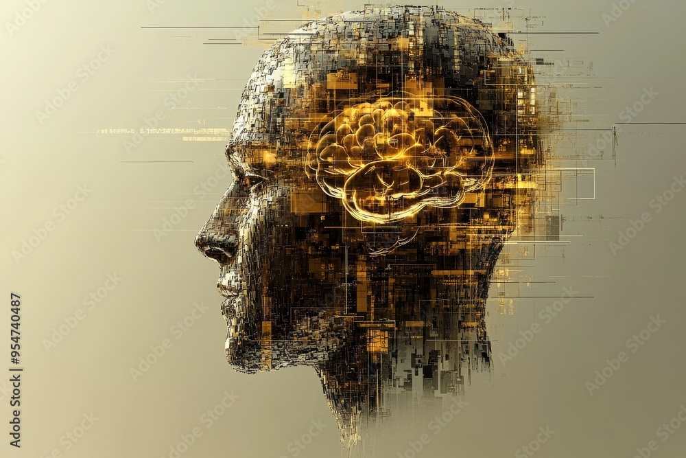 Aufkleber brain regions memory profile of a woman with a digital brain overlay symbolizing the intersection of