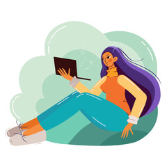 A young beautiful woman is sitting in nature with a laptop. A girl with long hair in a warm sweater works remotely or communicates on social networks. Illustration in a flat cartoon style. Vector.