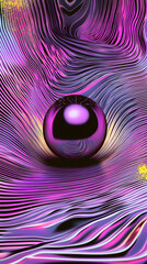 Mesmerizing digital artwork featuring a radiant orb set against a backdrop of dynamic, undulating stripes in shades of purple, pink, and yellow.