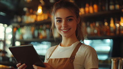 Young waitress with touchpad working in pub 