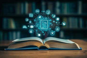 open book with digital holographic education icons. Online learning concept
