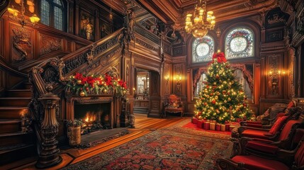 Fototapeta premium Festive Elegance: A Cozy Christmas Scene in a Luxurious Mansion