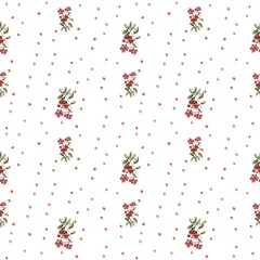 seamless pattern of watercolor berries and leaves, rowan-classic design on a white background of red and green