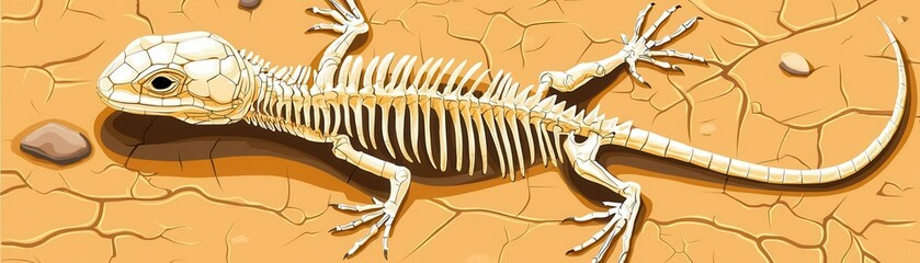 Monitor lizard skeleton flat design, top view, dry riverbed theme, cartoon drawing, Split-complementary color scheme