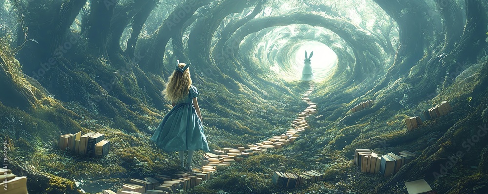 Fototapete create an image of alice from wonderland following a white rabbit into a rabbit hole, with the rabbi