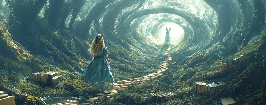 Create an image of Alice from Wonderland following a white rabbit into a rabbit hole, with the rabbit leaving a trail of books as breadcrumbs