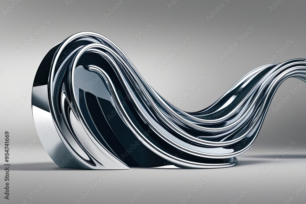 Poster sleek 3d chrome wave shape with dynamic flowing metallic design