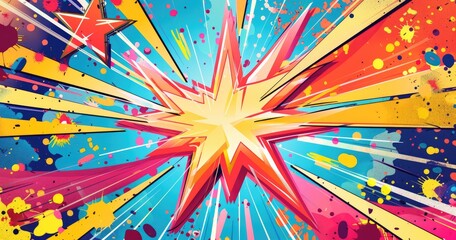 Fototapeta premium A vibrant comic-style explosion graphic featuring dynamic colors and star shapes, ideal for attention-grabbing designs.