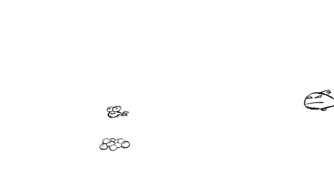 Big fish eat little fish color on white background. From egg to skeleton. From birth to death nature. Food chain cycle process illustration 4K video education or business metaphor funny cartoon anime.