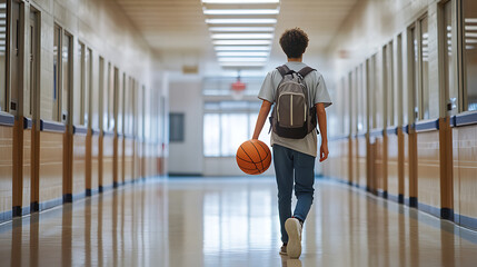 High school student with basketball walking through hallway 