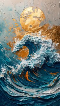 Abstract Ocean Wave Painting with Gold Accents