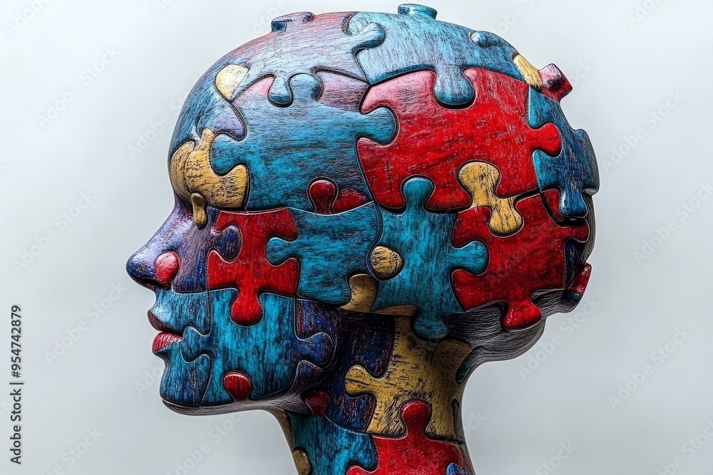 Poster cognitive biases perception colorful puzzle pieces forming a human head representing the diversity a