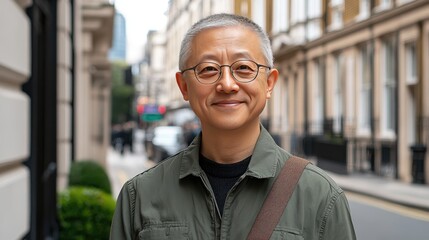 Fototapeta premium A friendly Asian man in his fifties stands on a London street, smiling at the camera while carrying backpacks and dressed casually