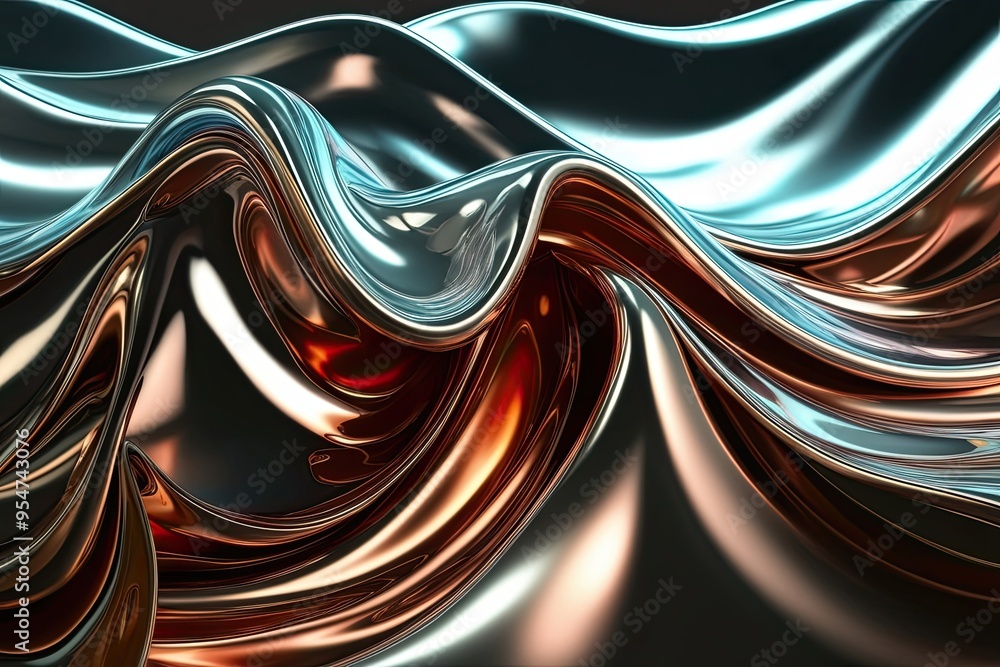 Poster luminous three-dimensional metallic wave with glossy colors and flowing texture