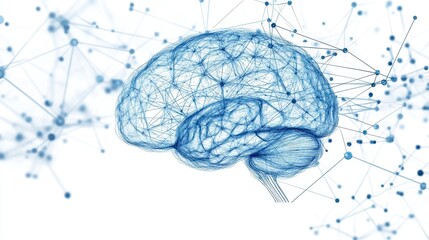 A modern brain mockup represents intelligence connected to a network of digital nodes and synapses showcasing advanced thinking
